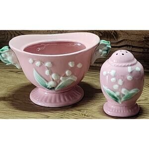 Vintage Lily Of The Valley Japan Pink Sugar Bowl & Single Salt / Pepper Shaker